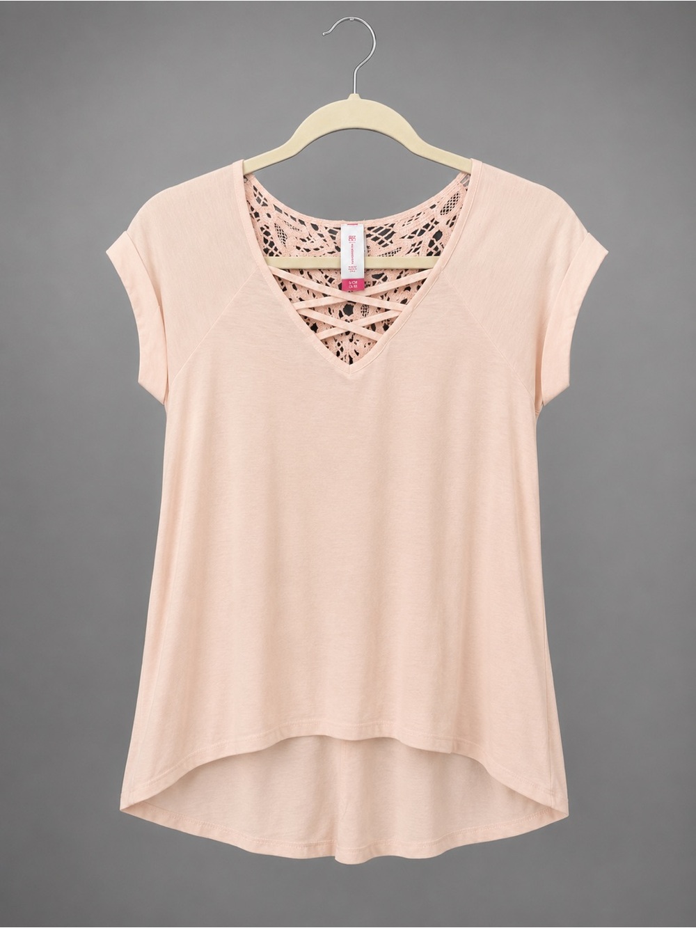 No Boundaries Blush Lace-Back V-Neck Short Sleeve Top